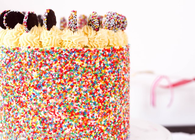 Rainbow Sprinkles Layer Cake One Perfect Mess easy recipe chocolate buttermilk cake Donna Hay four layers vanilla swiss meringue buttercream frosting celebration hundreds and thousands colourful 6