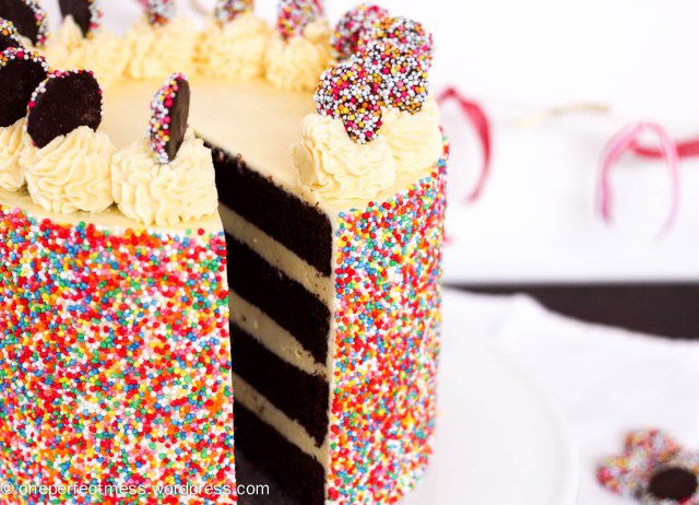 Rainbow Sprinkles Layer Cake One Perfect Mess easy recipe chocolate buttermilk cake Donna Hay four layers vanilla swiss meringue buttercream frosting celebration hundreds and thousands colourful 8