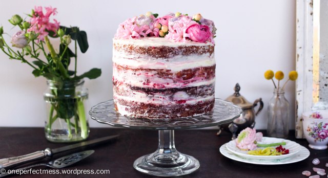 Lemon and Raspberry Naked Layer Cake recipe One Perfect Mess easy baking lemon cake raspberry cream cheese frosting raspberries from scratch fresh flowers rustic dessert 3