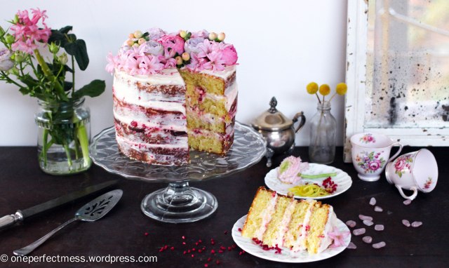 Lemon and Raspberry Naked Layer Cake recipe One Perfect Mess easy baking lemon cake raspberry cream cheese frosting raspberries from scratch fresh flowers rustic dessert 8