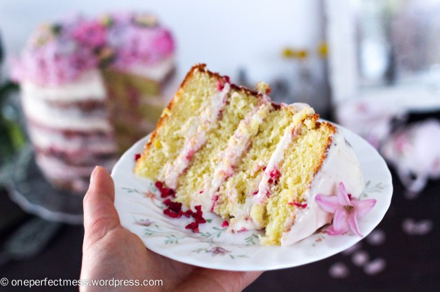 Lemon and Raspberry Naked Layer Cake recipe One Perfect Mess easy baking lemon cake raspberry cream cheese frosting raspberries from scratch fresh flowers rustic dessert 9