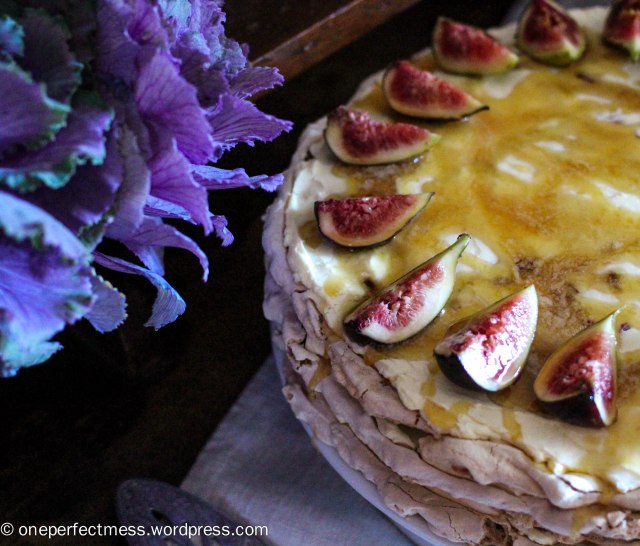 Brown Sugar Meringue Torte with Almonds, Dates, Figs and Honey Cream One Perfect Mess recipe gluten free easy baking pavlova no bake autumn fall almond fig date 4
